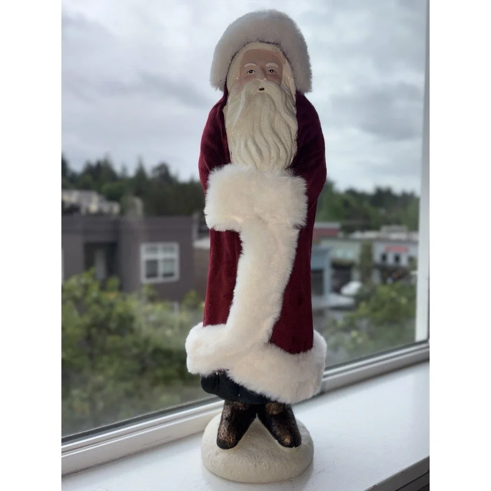 Freestanding Santa Claus Figurine Red Coat White Faux Fur Trim Fabric Decor